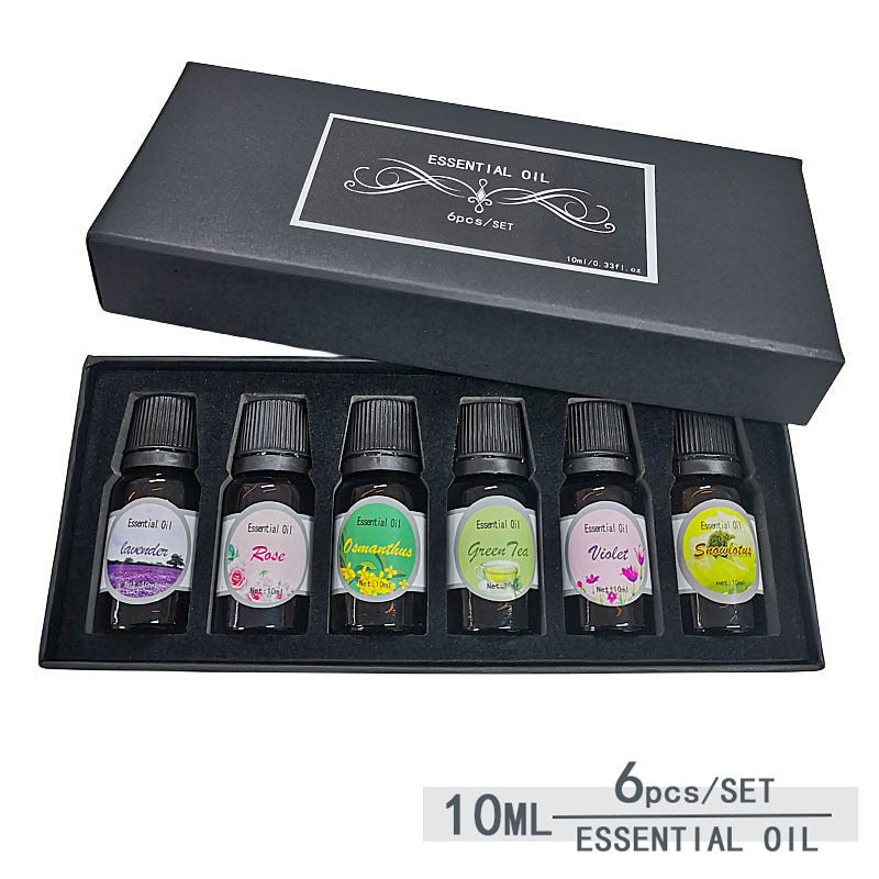 Set de 6 aceites aromáticos Dozze de 10 ml en su caja negra de regalo abierta